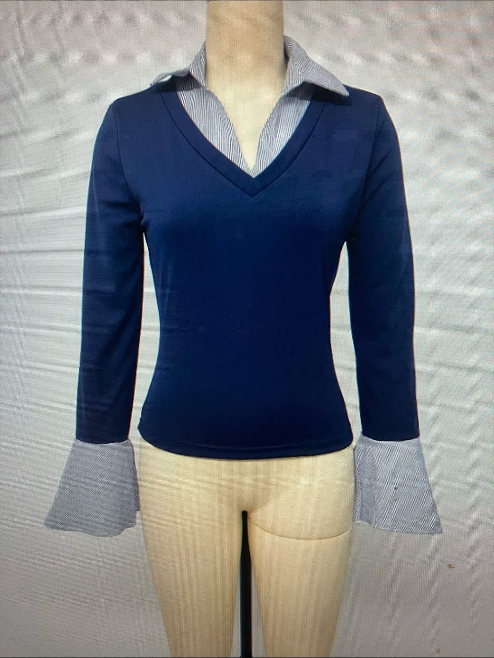 Women’s Navy V-Neck Layered Collar Top